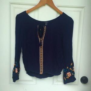 Forever 21 Blue Embroidered Floral Blouse Medium